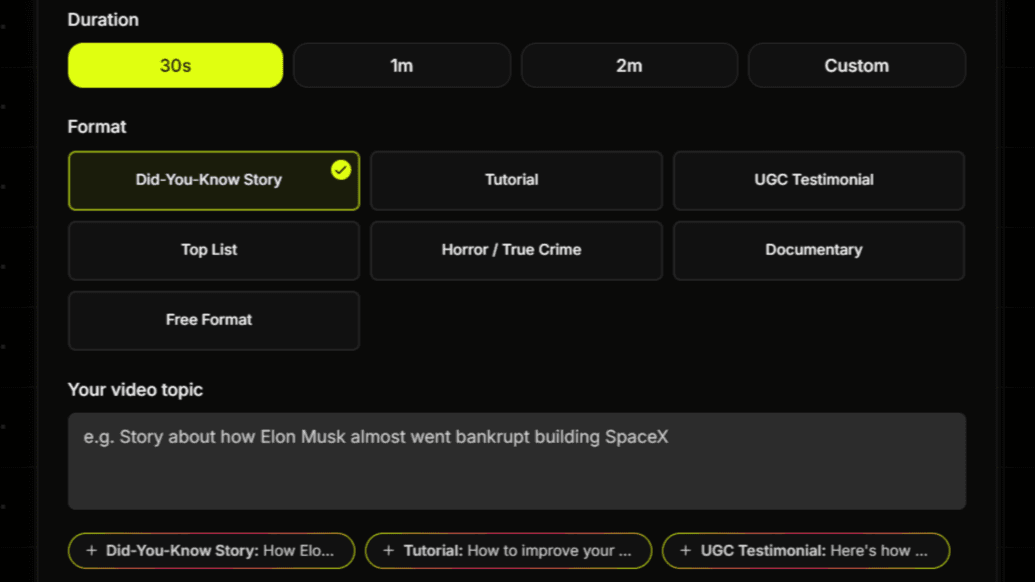 Reshort AI video script generator showing trending TikTok and YouTube Shorts formats like UGC, storytelling, and rankings with AI refinement tools